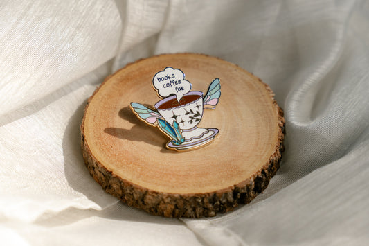 "Books Coffee Fae" Enamel Pin -  Bookish Fairycore Cottagecore Pinstory Original Enamel Pins