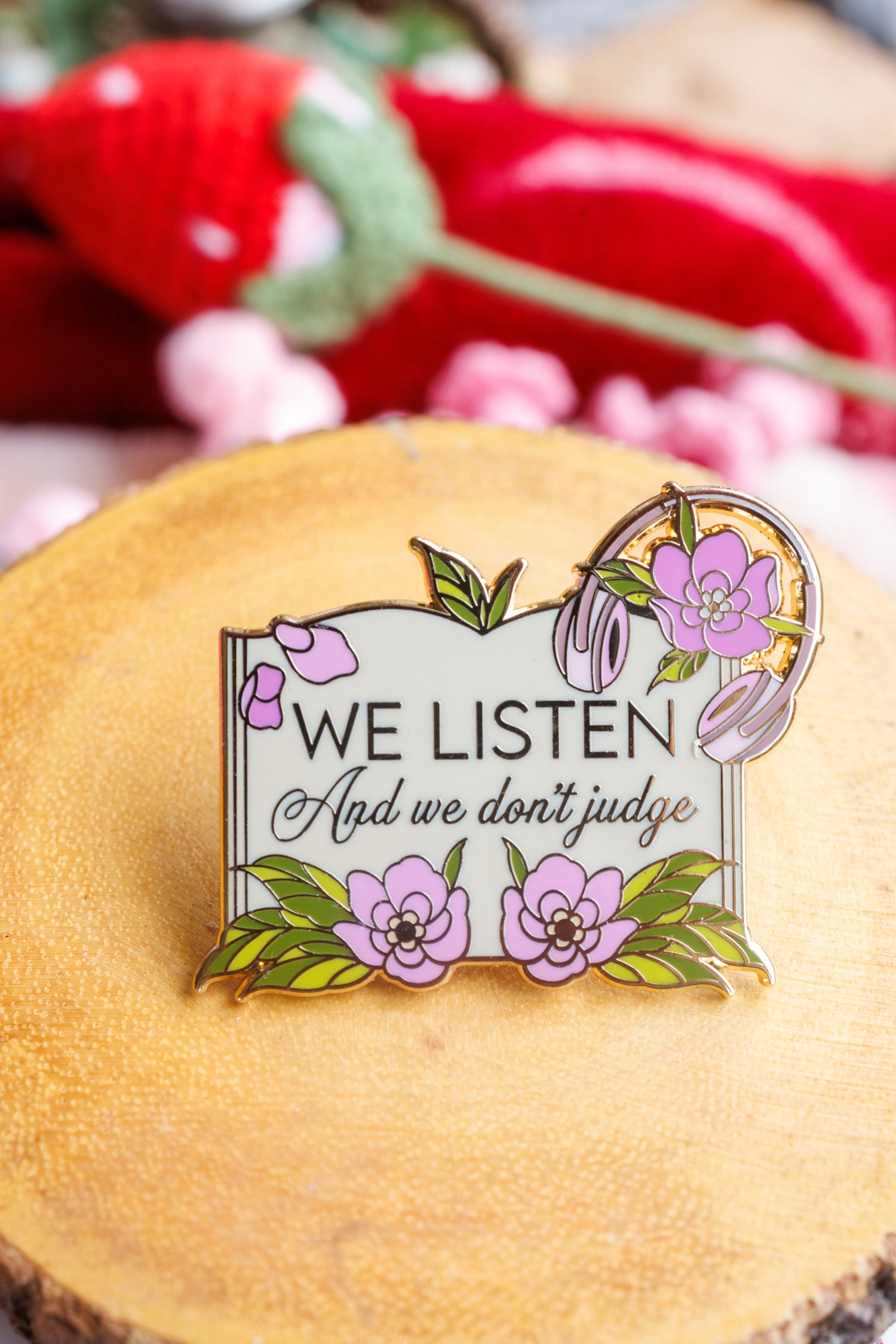 We Listen and We Don't Judge bookish enamel pin by Pinstory