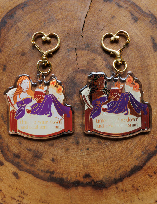 "Time to Wine Down and Read Some Smut" Keychain/Kindle Charm -  Bookish Fairycore Cottagecore Pinstory Original Keychain/Kindle Charm